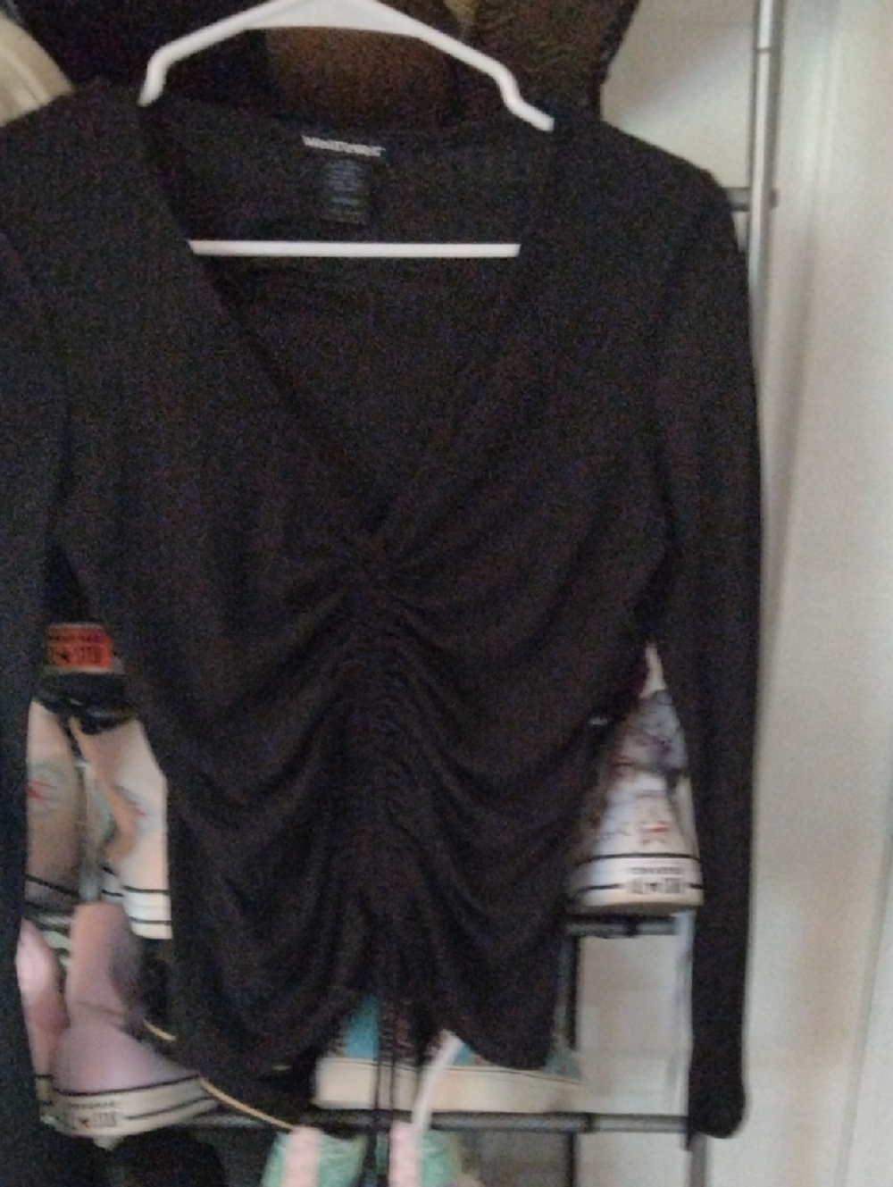 Ruched V-Neck Long Sleeve Top - Black